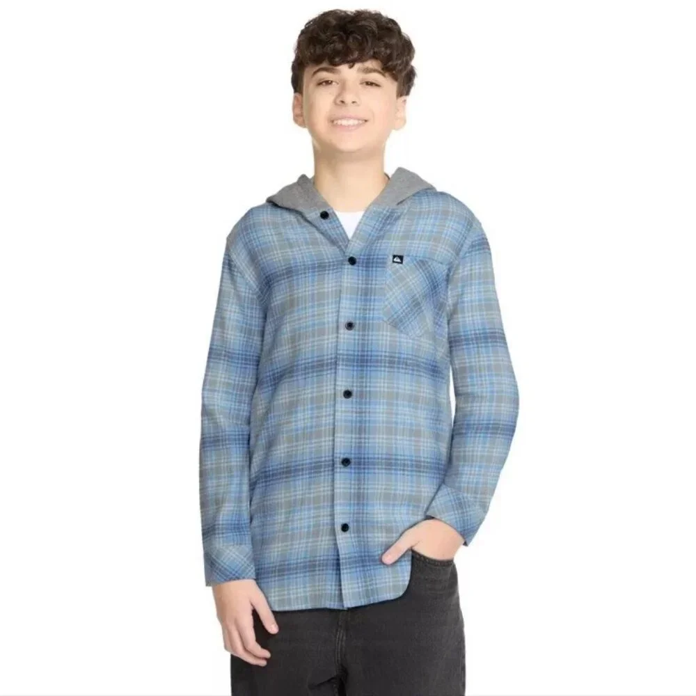 Quiksilver Boys Size Large 14/16 Azure Blue Hooded Flannel Shirt Shacket NWT - Picture 1 of 5